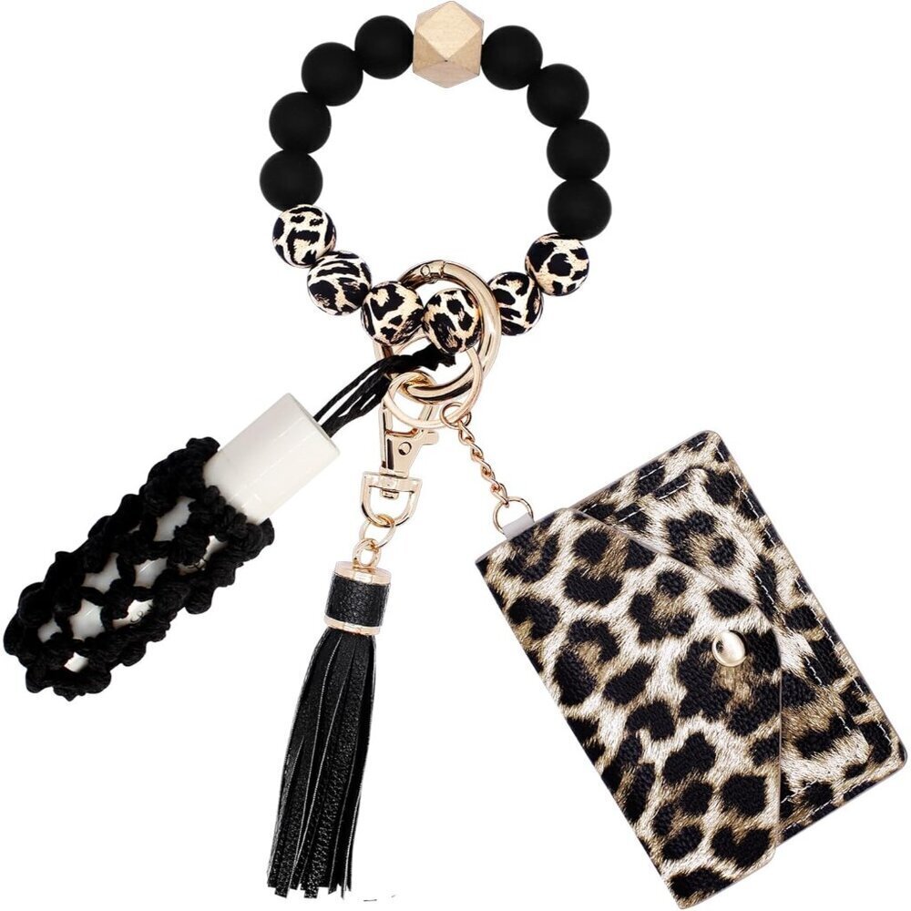 Silicone Beaded Keychain Bracelet with Wallet Lipstick Holder for Women
